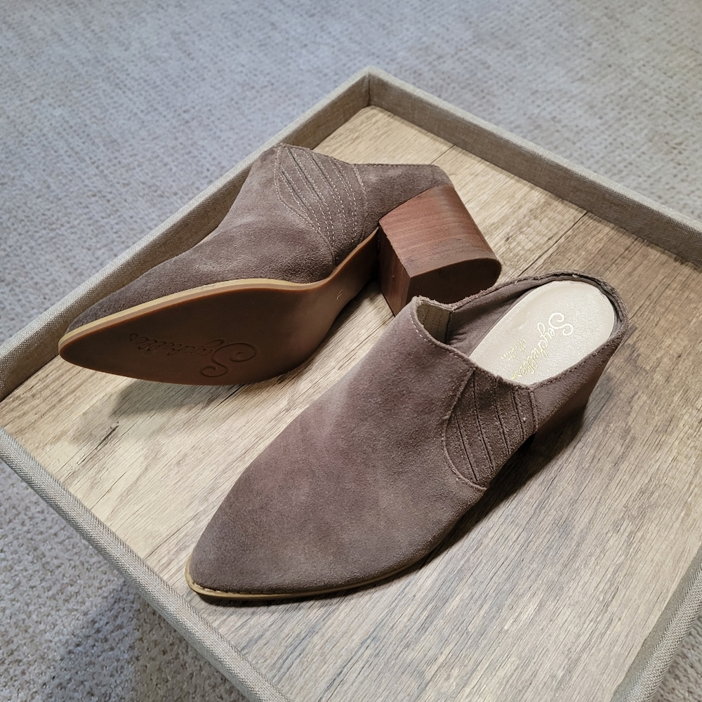 Seychelles Suede Bootie Mules Neutral Greige 7.5